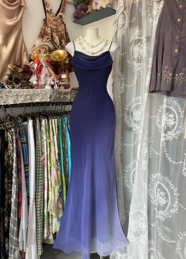 Vintage Spaghetti Straps Ombre Purple Mermaid Long Party Dress Evening Gown D1782