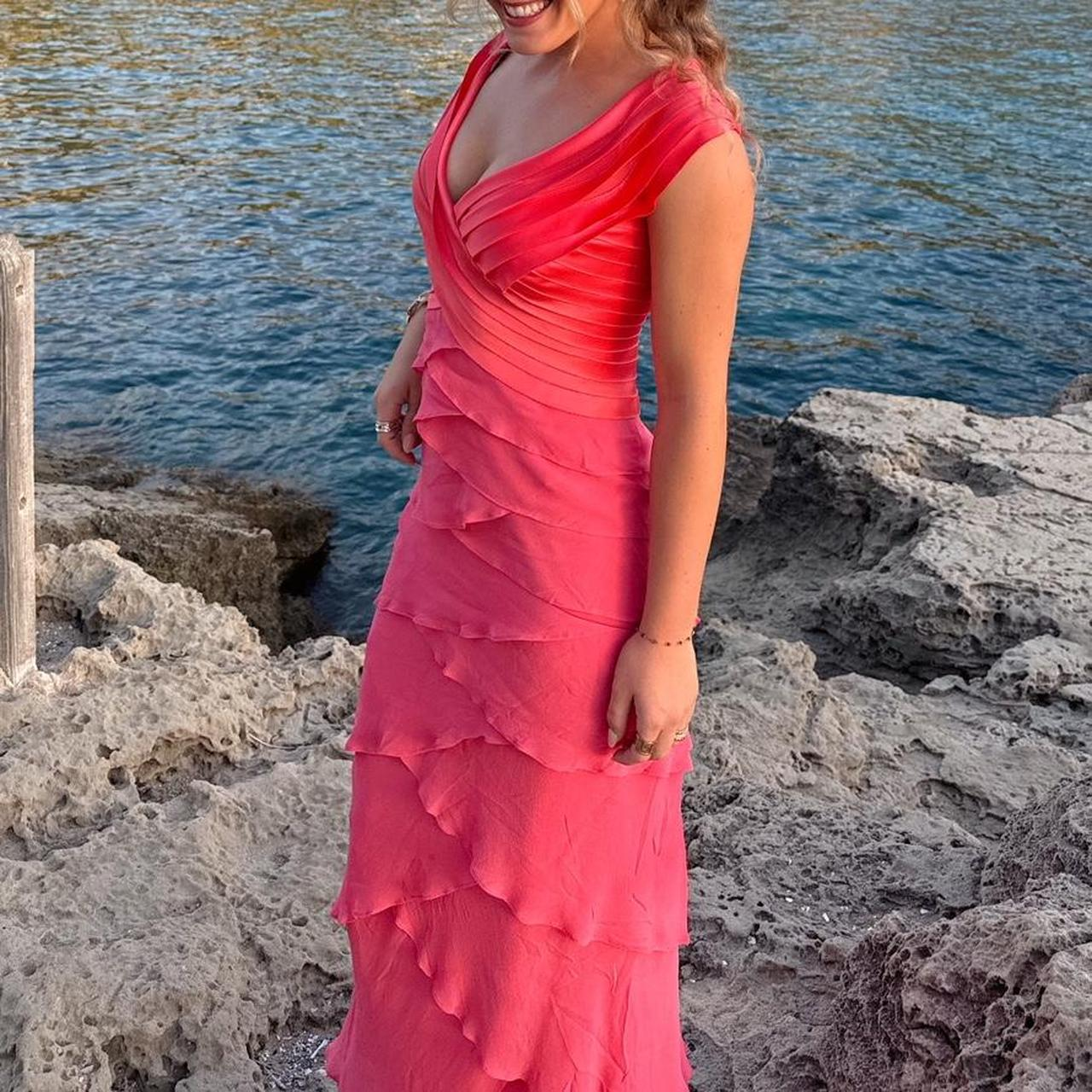 Classy V Neck Satin Chiffon Pleated Rose Pink Long Party Dress Formal Wedding Guest Dress D1053