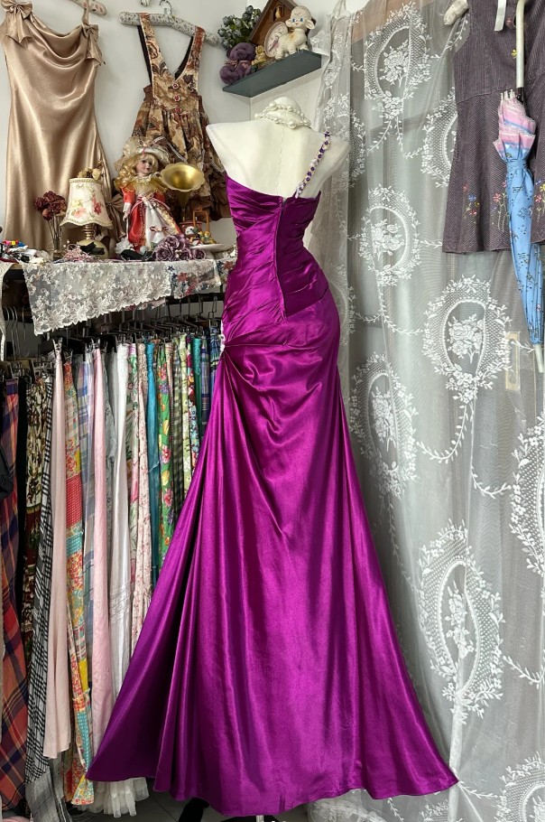Vintage One Shoulder Hot Pink Satin Pleated Mermaid Evening Dress Long Birthday Party Dress D1244