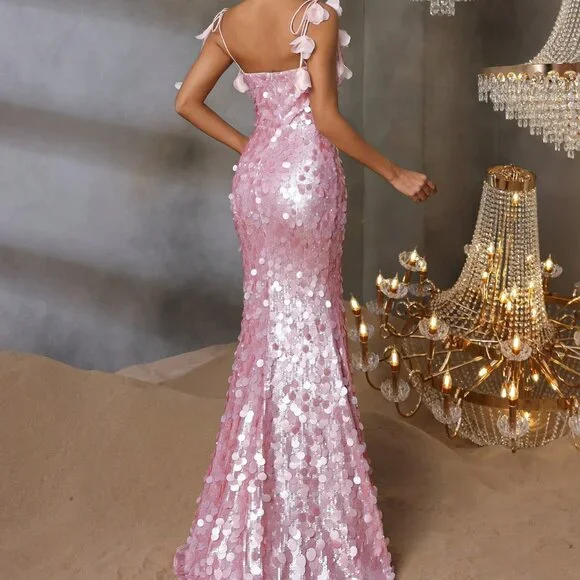 Sparkly Spaghetti Straps Pink Sequin Mermaid Slit Evening Dress Long Birthday Party Dress D1578
