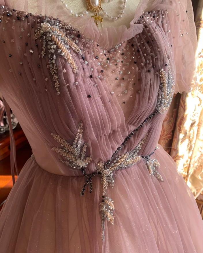 Sweet Tulle Sequin Beaded Ball Gown Pink Long Evening Dress Birthday Party Dress D1773