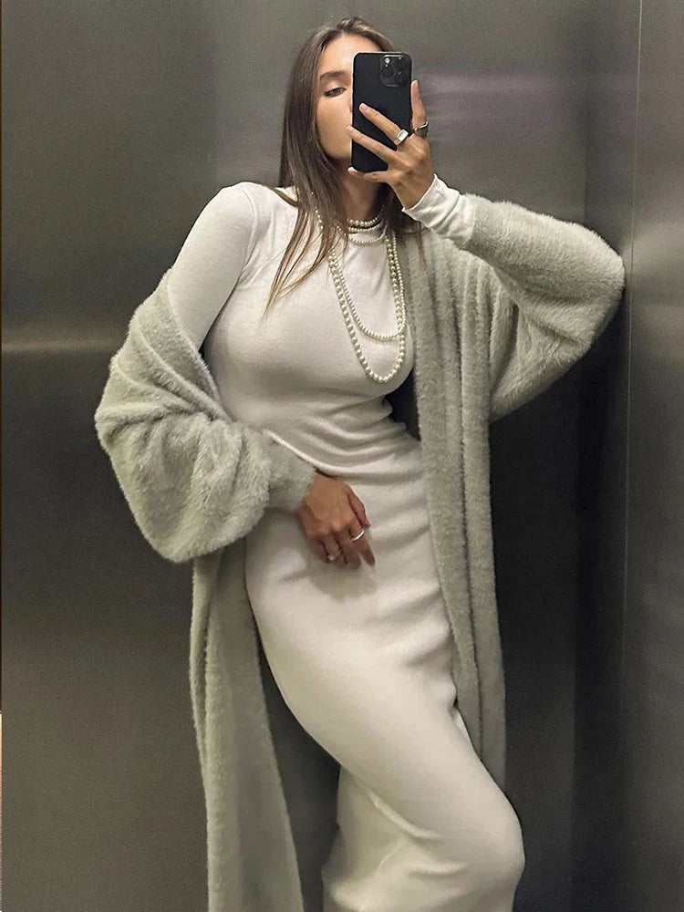 White Knitted Belted Fashion Cardigan