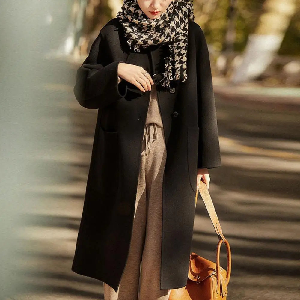 Elegant Black O-neck Puff Sleeve Overcoat - Fashionpara