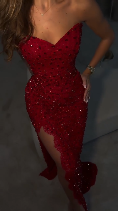 Luxury Strapless Red Lace Beaded Side Slit Mermaid Long Party Dress Formal Evening Gown D817