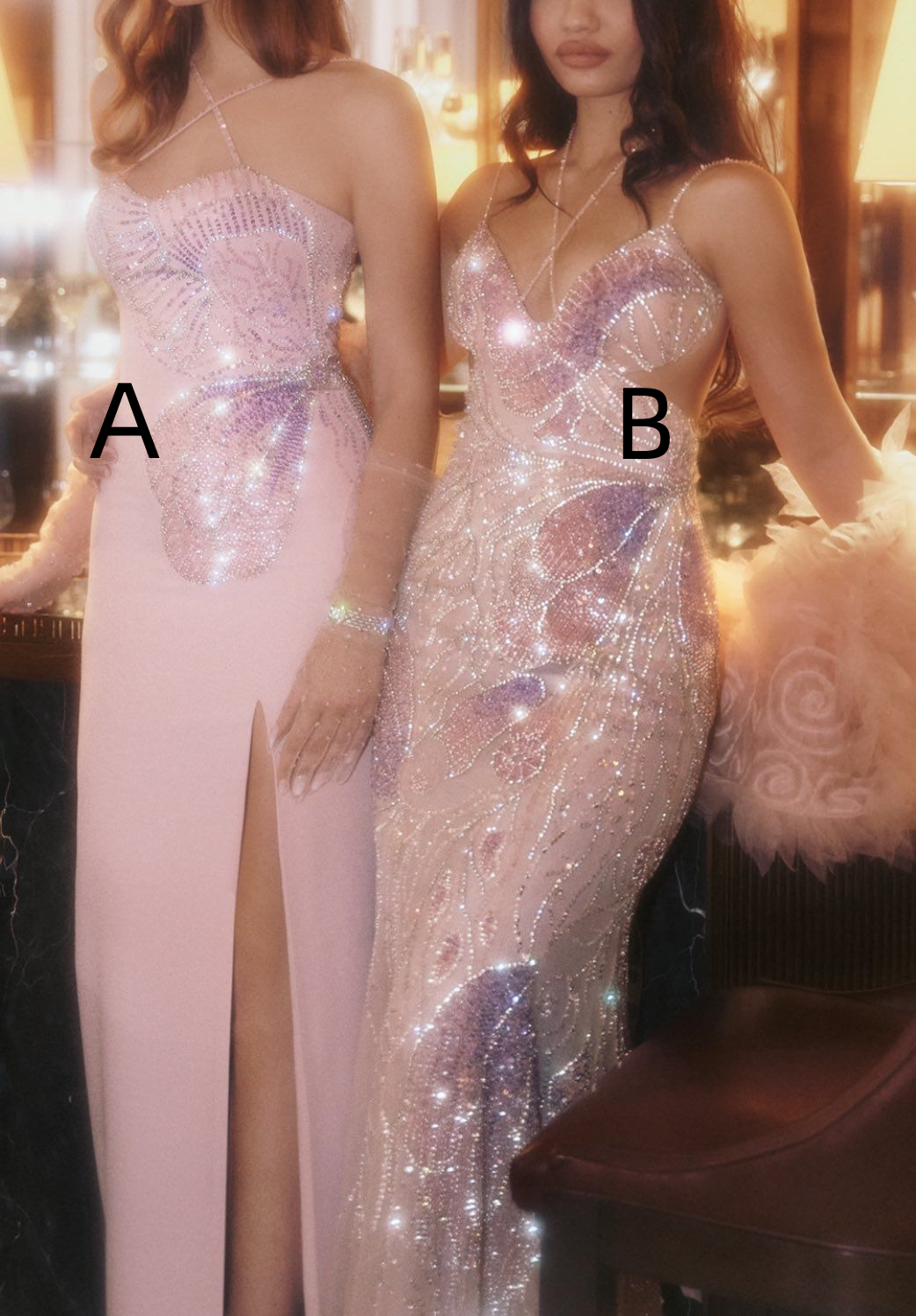 Glamorous Spaghetti Straps Pink Satin Sequin Beaded Prom Gown Long Party Dress D1185