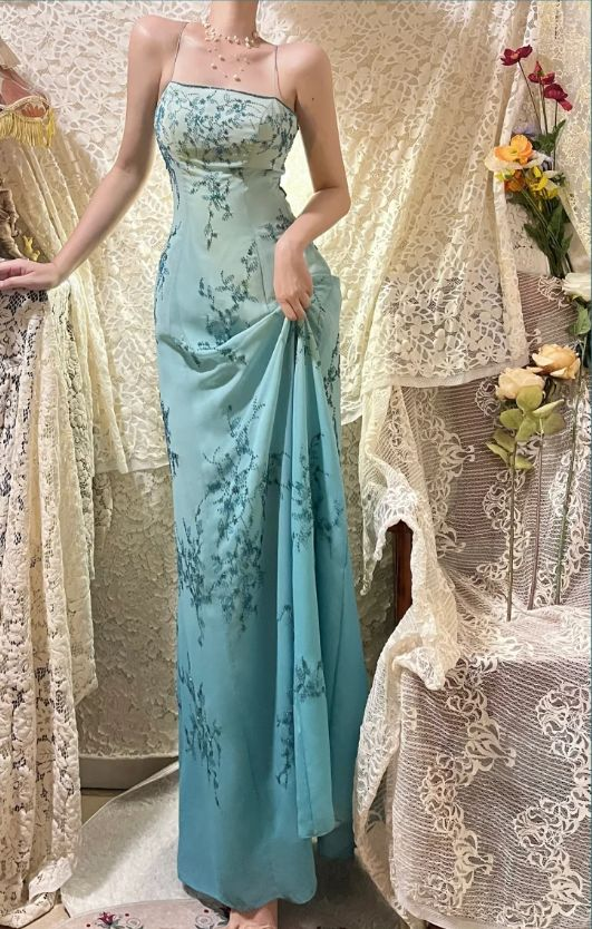 Elegant Spaghetti Straps Ombre Blue Chiffon Beaded A Line Long Prom Dress Formal Evening Gown D825