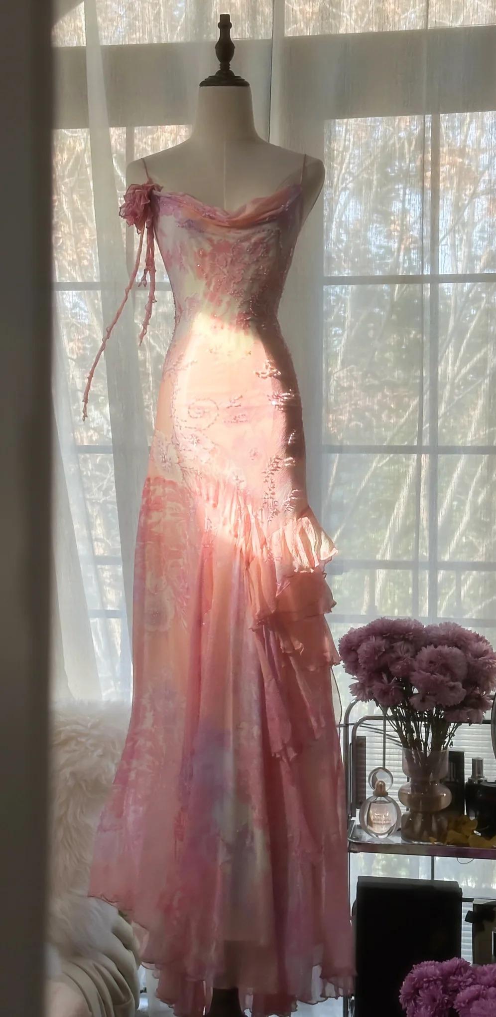 Classy Pink Spaghetti Straps Chiffon Beaded evening Dress Long Mermaid Birthday Party Dress S342