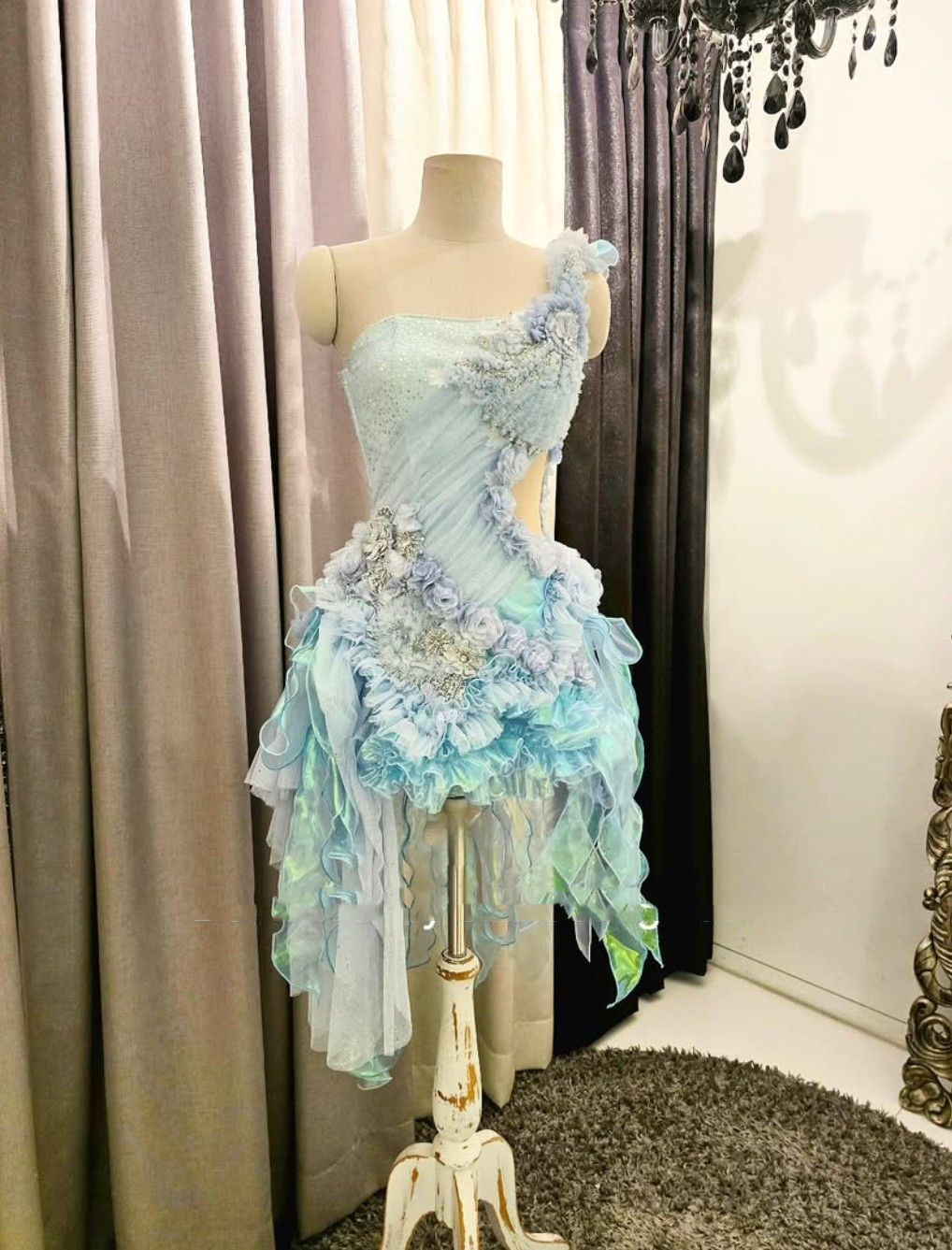 Elegant Blue One Shoulder Tulle Flowers Short Prom Dress Formal 8th Grade Homecoming Dress D424