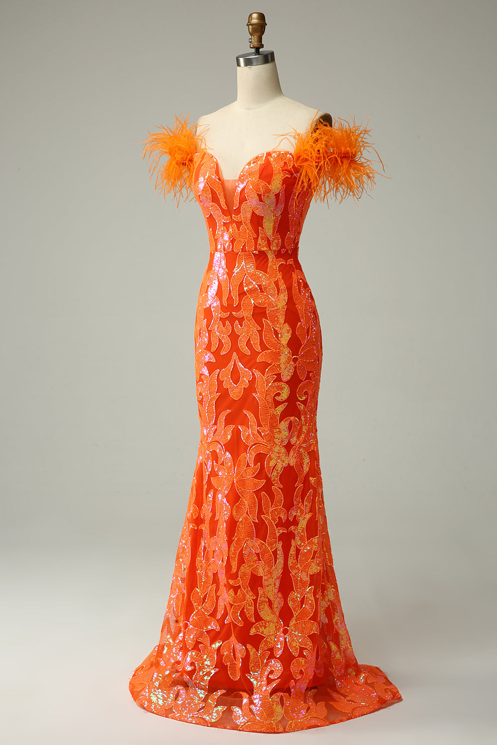 Orange Sequins Off the Shoulder Mermaid Long Prom Dress with Feathers
