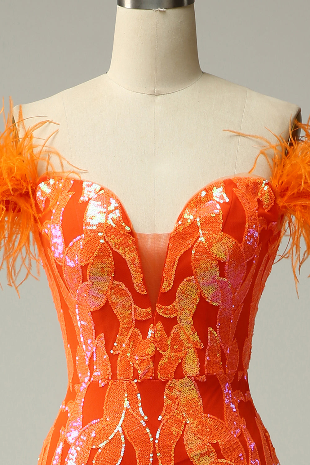 Orange Sequins Off the Shoulder Mermaid Long Prom Dress with Feathers