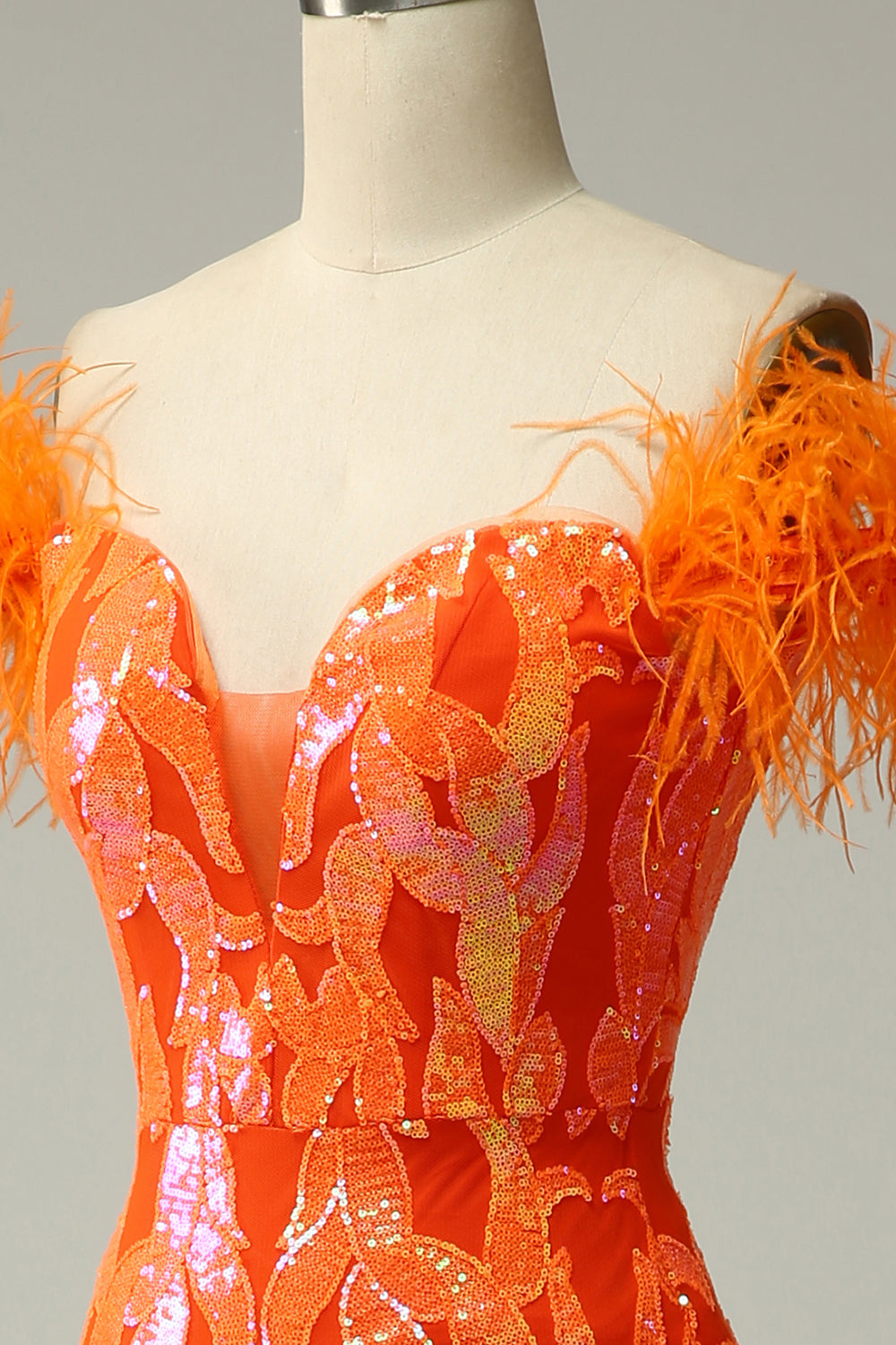 Orange Sequins Off the Shoulder Mermaid Long Prom Dress with Feathers
