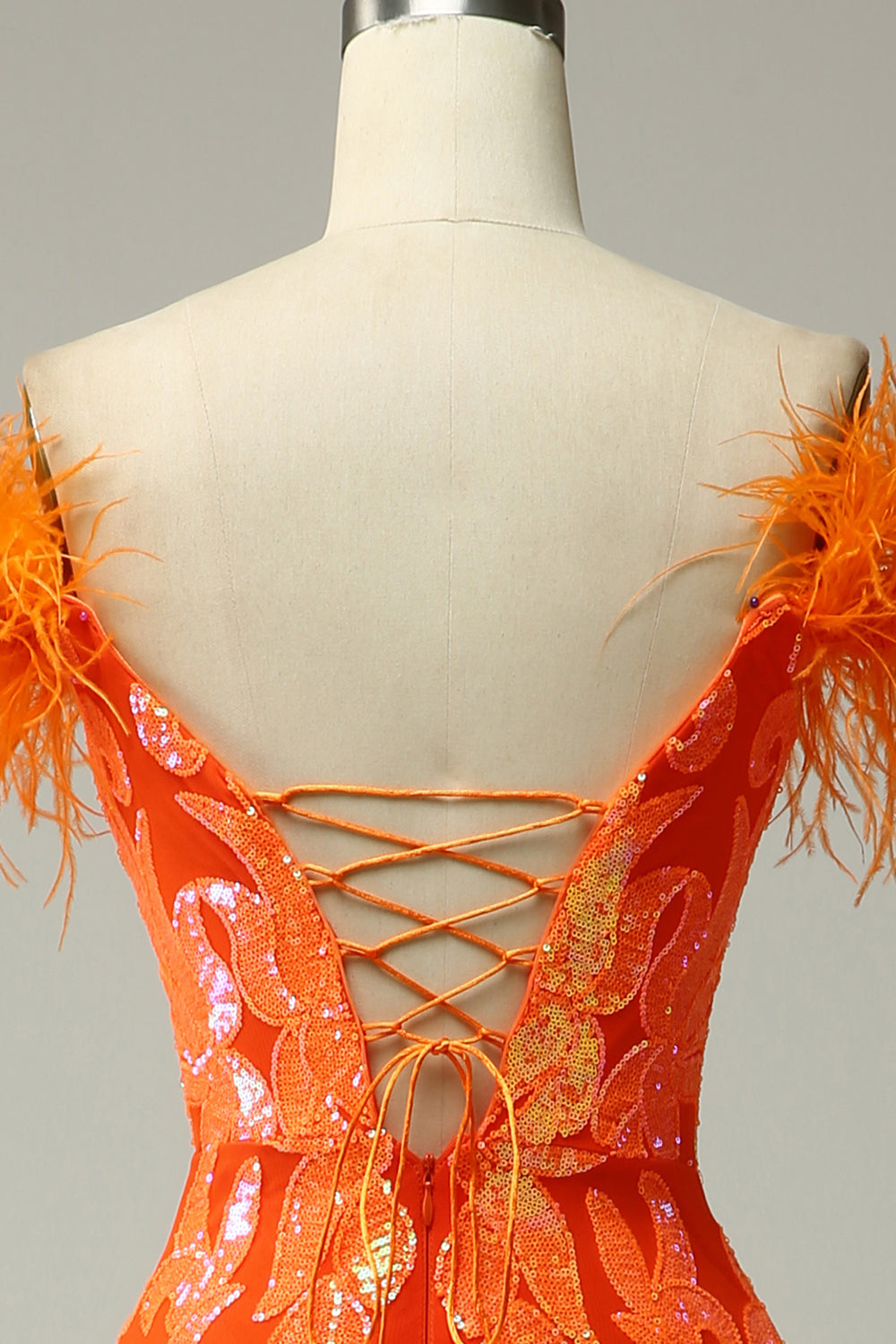 Orange Sequins Off the Shoulder Mermaid Long Prom Dress with Feathers