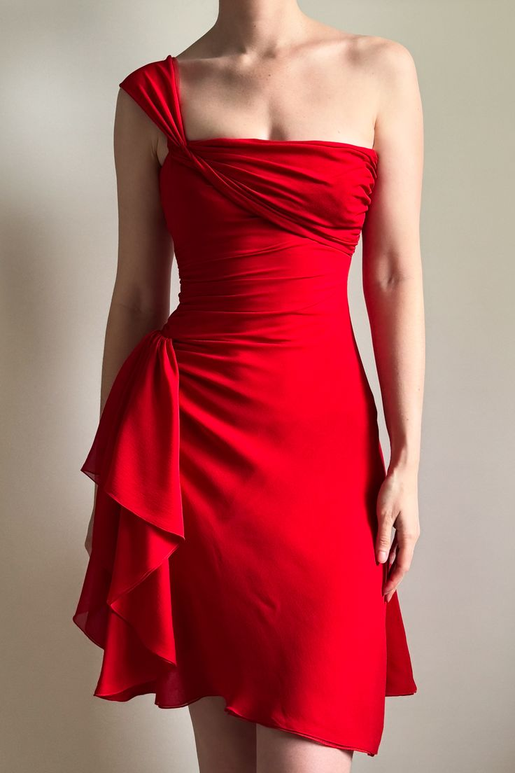 One Shoulder Sexy Satin Pleated Red Short Party Dress Homecoming Dress Cocktail Dress D625