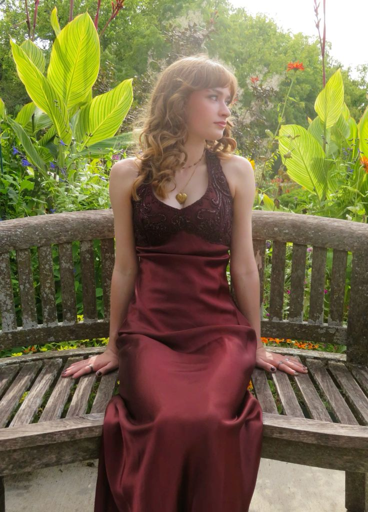Pretty Burgundy Halter Satin Beaded Mermaid Long Wedding Guest Dress Evening Dress D1528