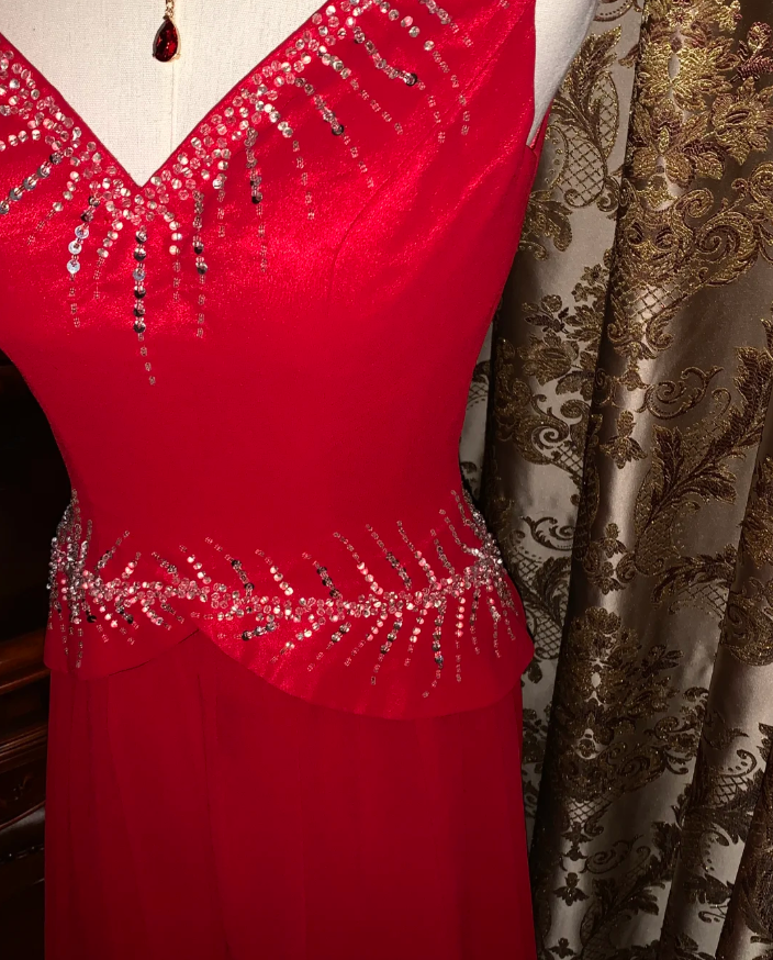 Glitter V Neck Sleeveless Satin Tulle Beaded Mermaid Long Evening Dress Party Gown D1749