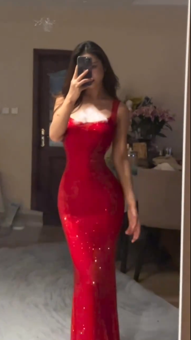 Shiny Red Spaghetti Straps Satin Sequin Mermaid Evening Dress Long Wedding Guest Dress D1709