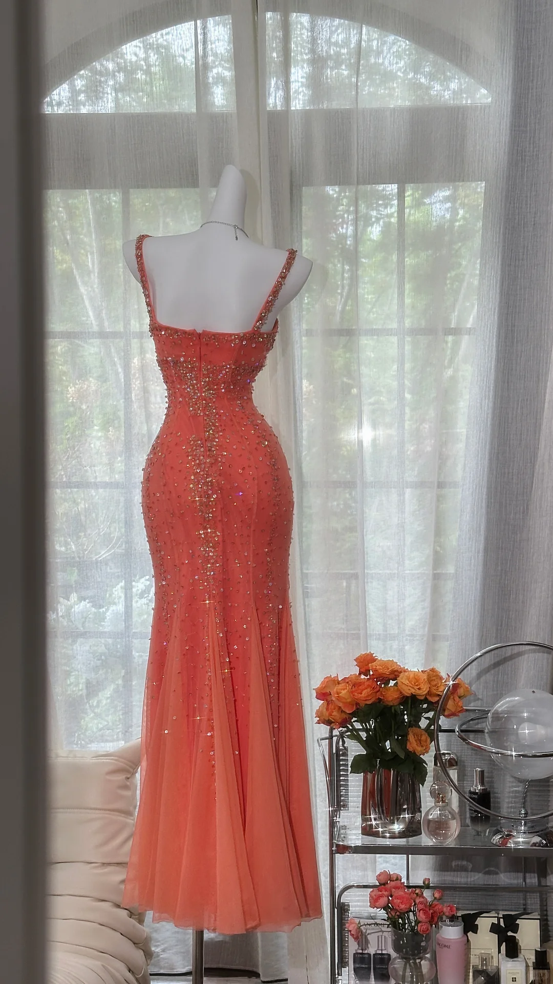 Sparkly Spaghetti Straps Orange Chiffon Beaded Mermaid Evening Dress Long Party Dress D868