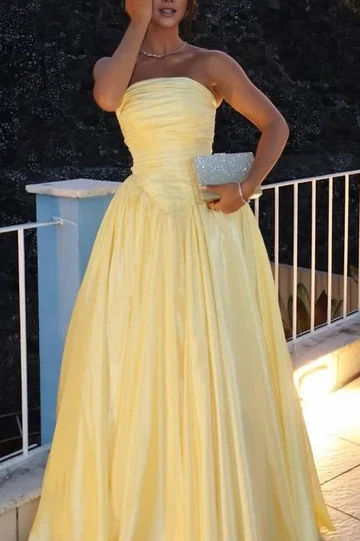 Fashion Strapless Yellow Satin Pleated A Line Long Wedding Guest Dress Evening Dress D1434