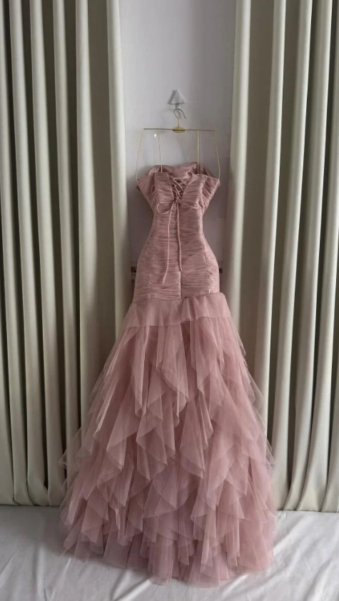 Pretty Pink Strapless Tulle Pleated Mermaid Evening Dress Long Birthday Party Dress D1603