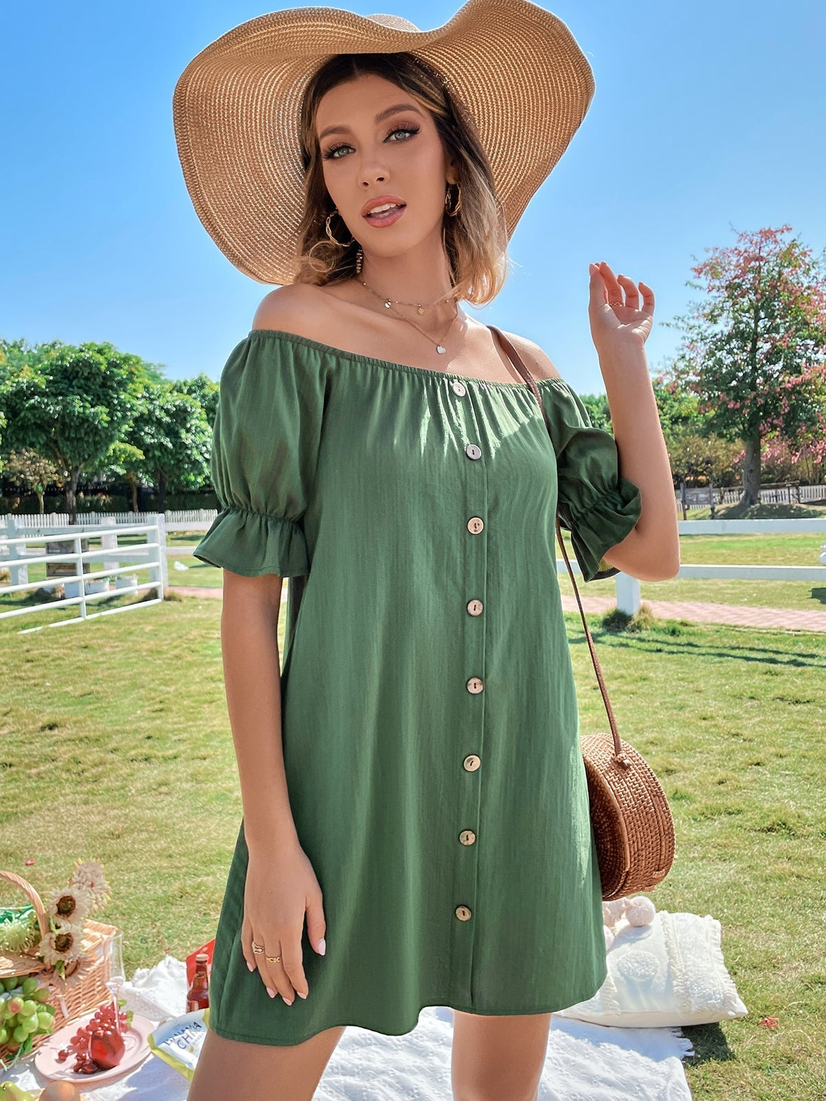 KittenAlarm - Off Shoulder Button Up Dress