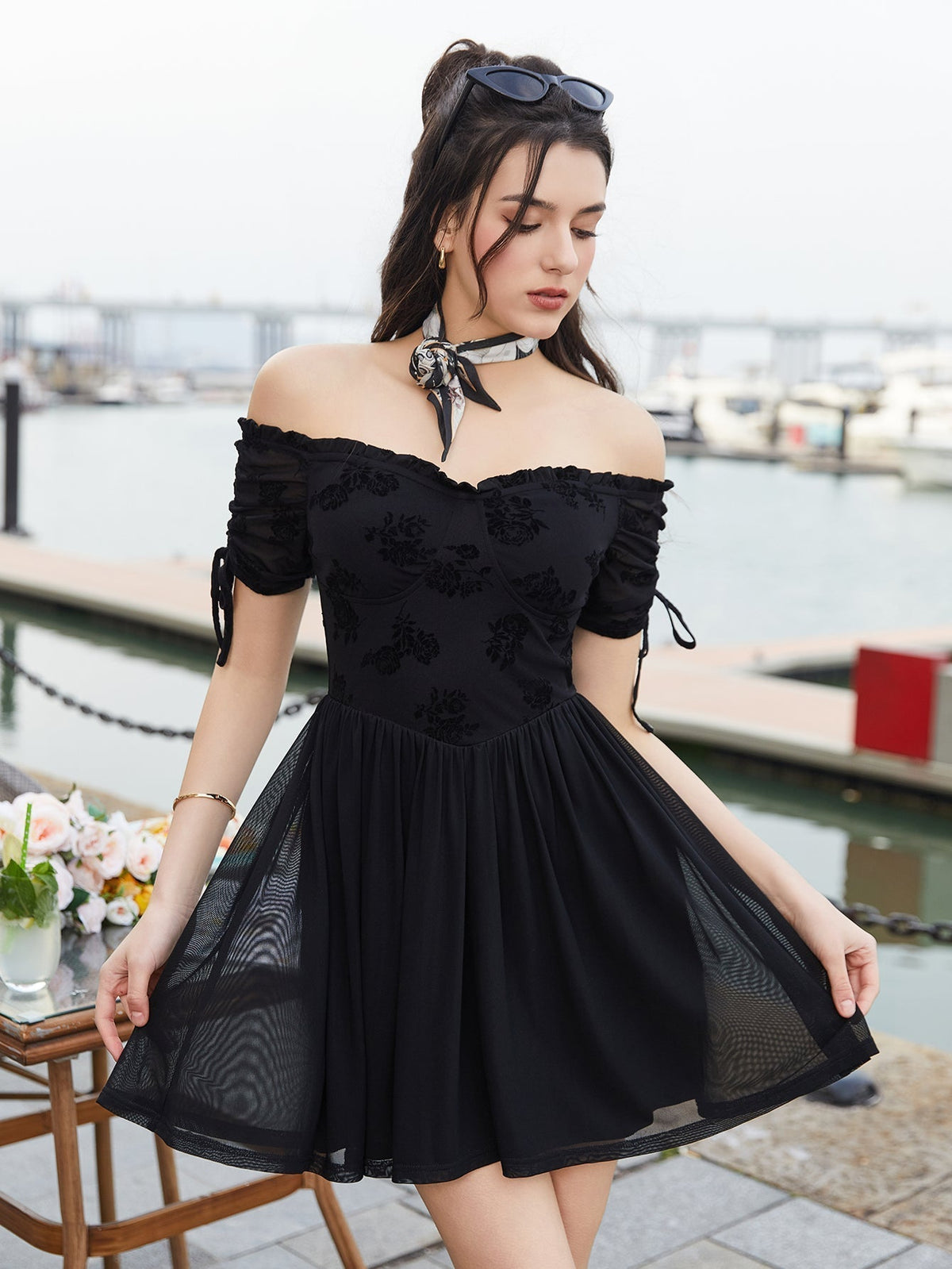 Off Shoulder Drawstring Cuffs Mesh Dress - View 3