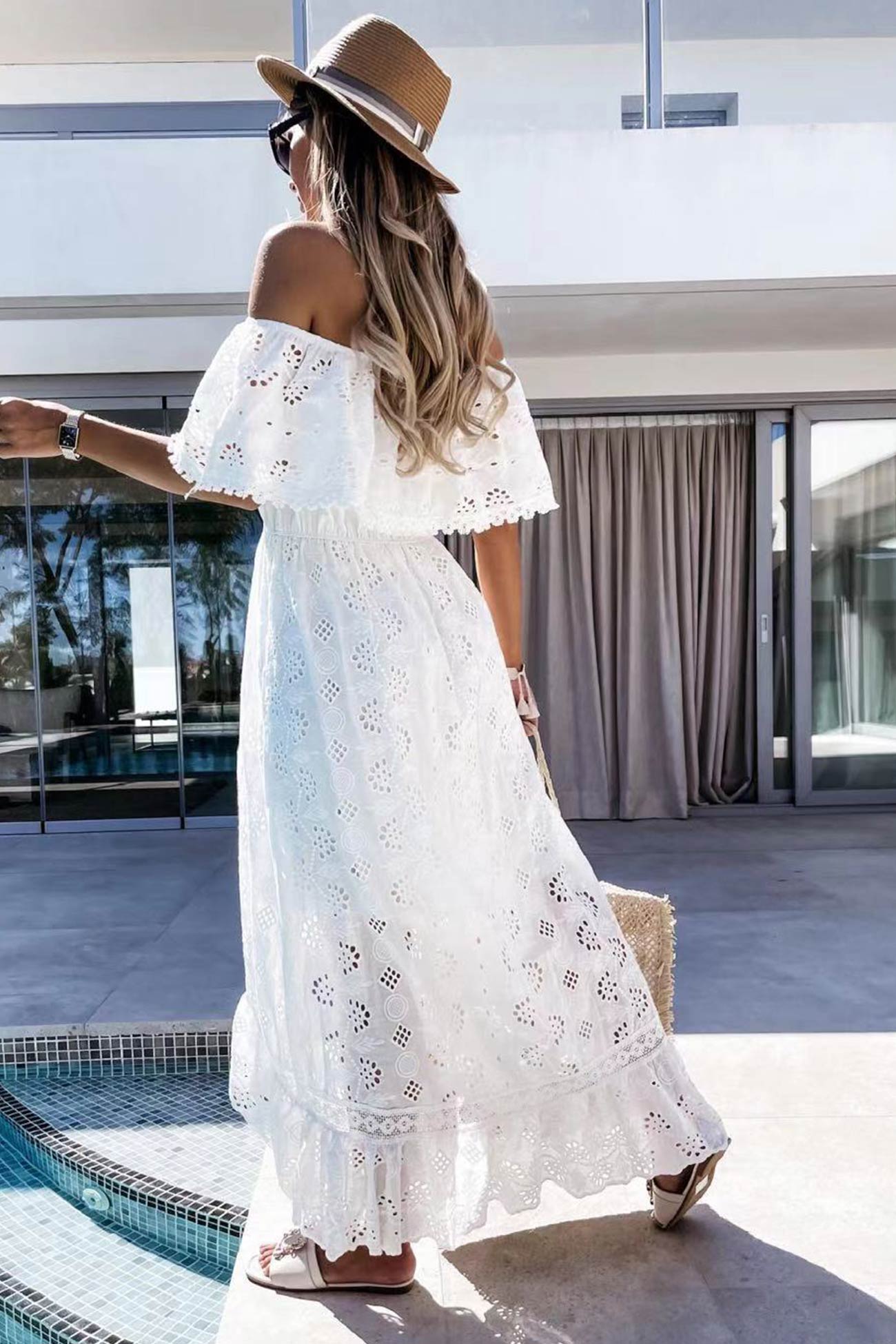 Off Shoulder Lace Hollow Out Beach Dress - Fashionpara