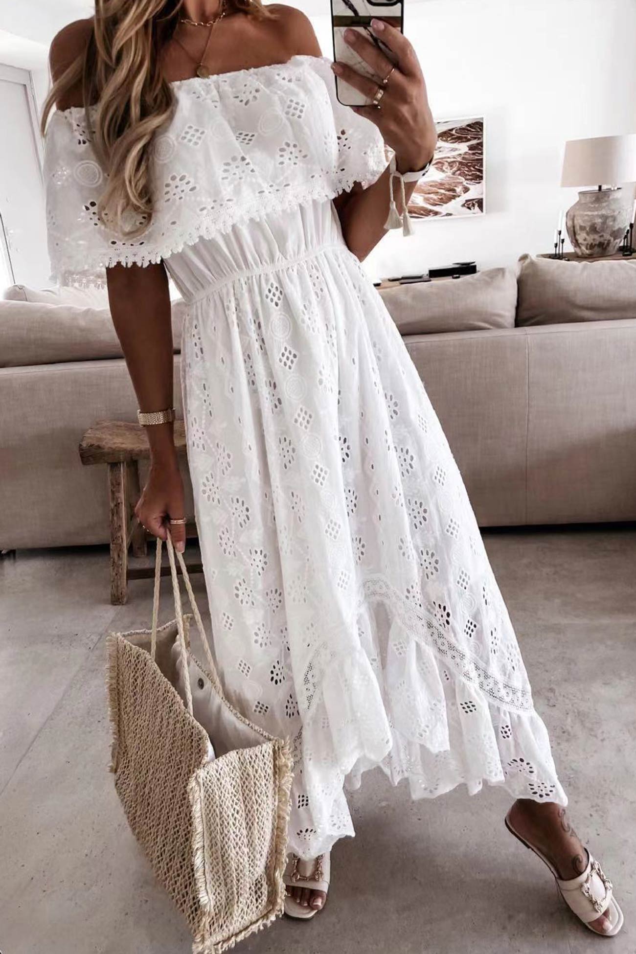 Off Shoulder Lace Hollow Out Beach Dress - Fashionpara