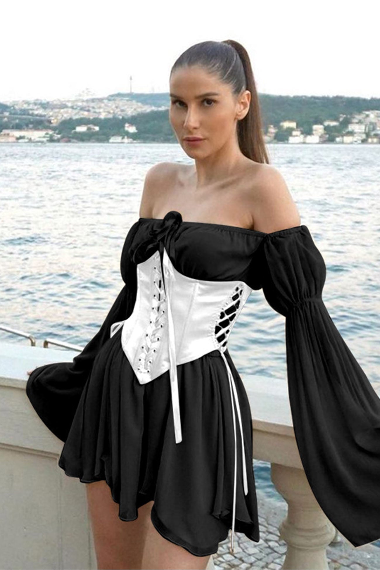 Off Shoulder Lace-up Corset Ruched Dress - Fashionpara