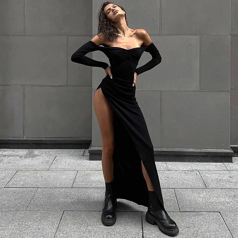 Off Shoulder Long Sleeve High Split Ruched Maxi Dress 2