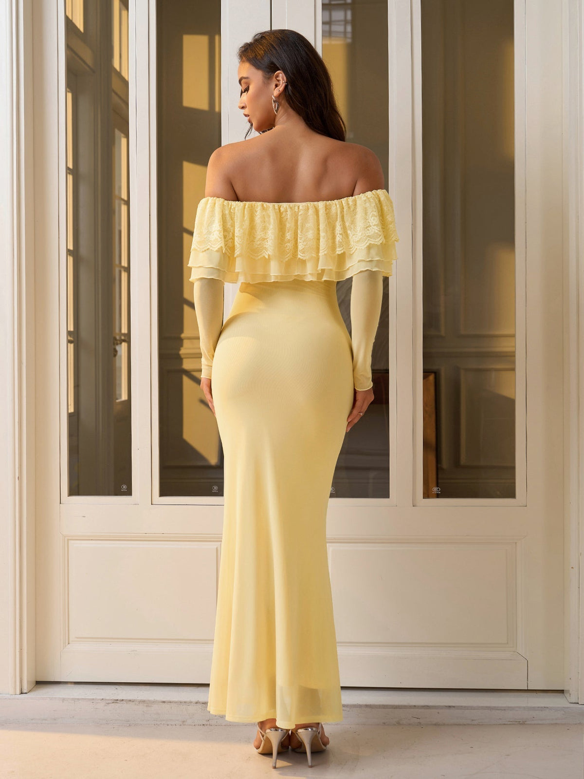 Off Shoulder Long Sleeve Lace Ruffle Mermaid Maxi Dress - View 2