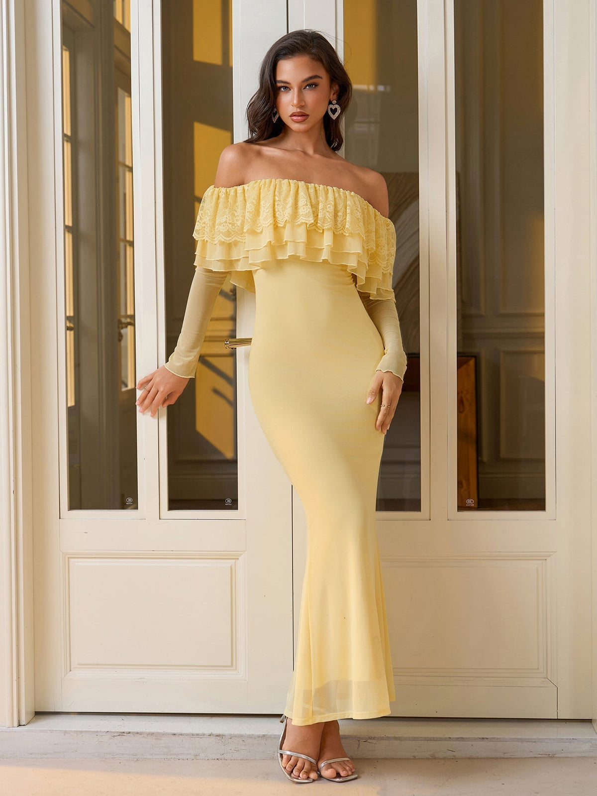Off Shoulder Long Sleeve Lace Ruffle Mermaid Maxi Dress