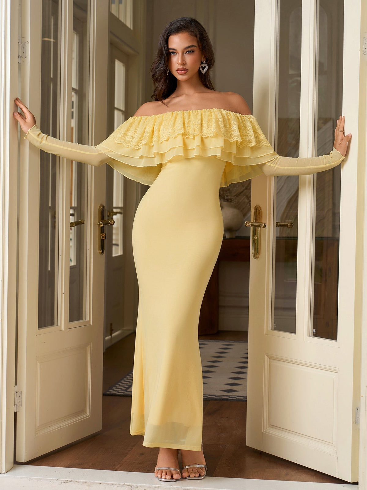 Off Shoulder Long Sleeve Lace Ruffle Mermaid Maxi Dress - View 4