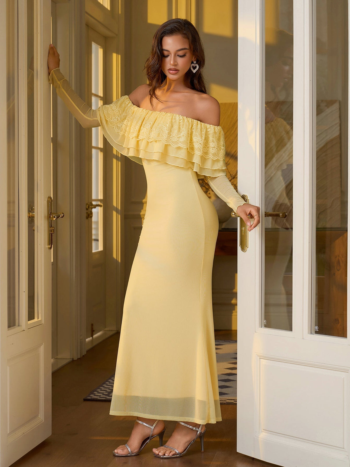 Off Shoulder Long Sleeve Lace Ruffle Mermaid Maxi Dress - View 3