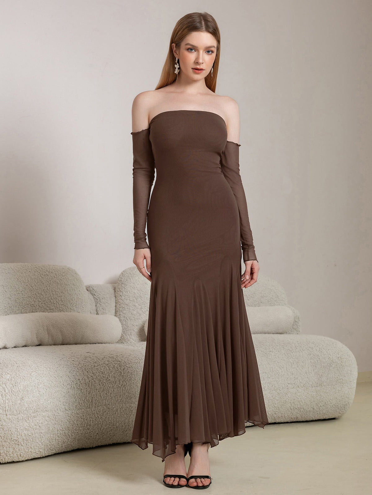 Off Shoulder Pleated Hem Mesh Bodycon Dress - View 6
