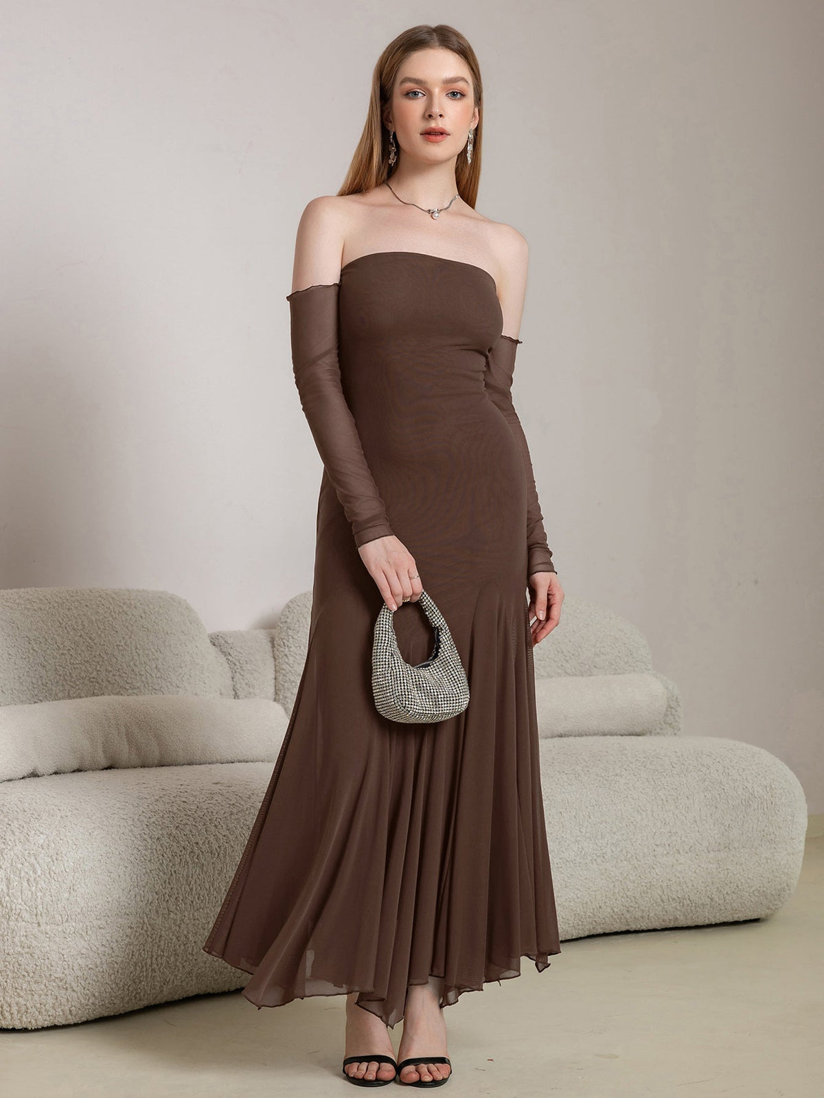 Off Shoulder Pleated Hem Mesh Bodycon Dress - View 5