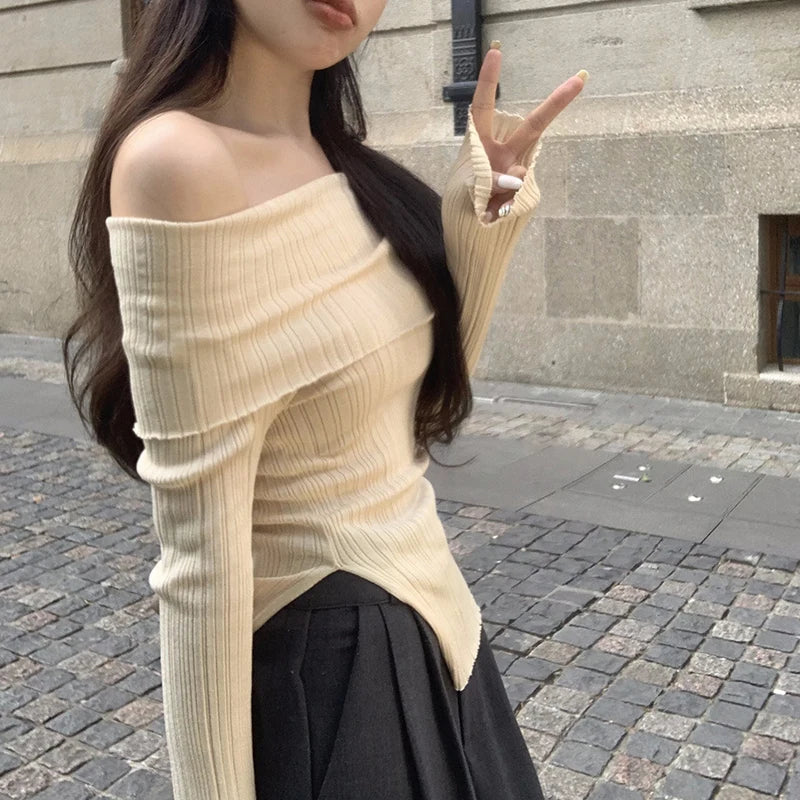 Off Shoulder Slim Slash Neck Long Sleeve Knit Top - Fashionpara