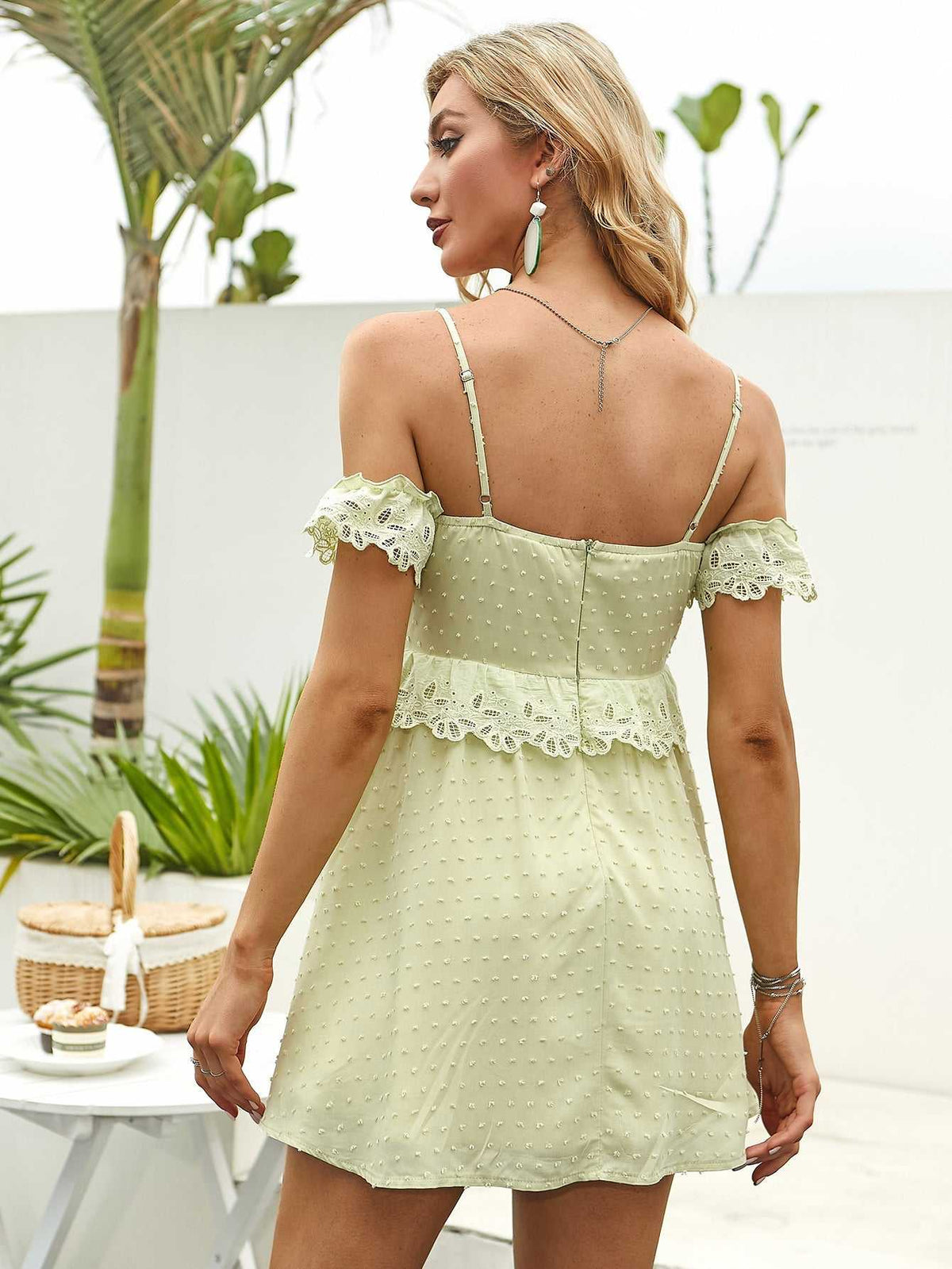 Off Shoulder Ruffle Detail Lace Trim Cami Dress - View 3