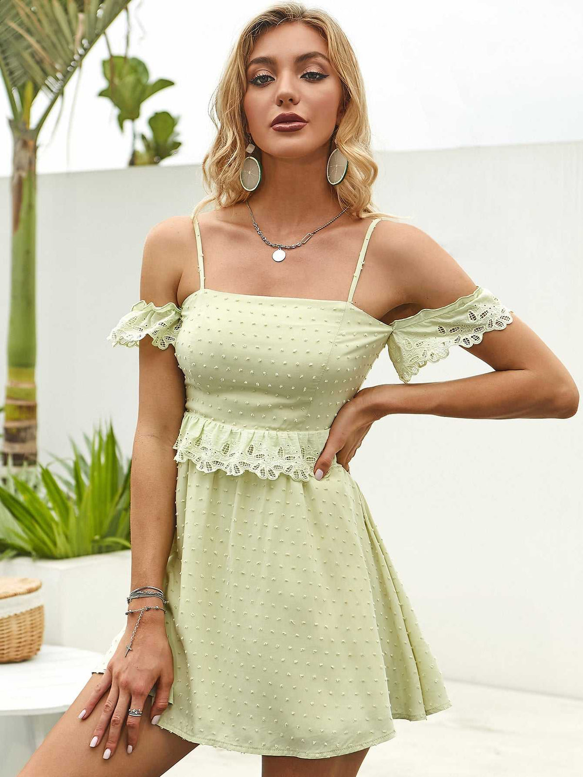 Off Shoulder Ruffle Detail Lace Trim Cami Dress