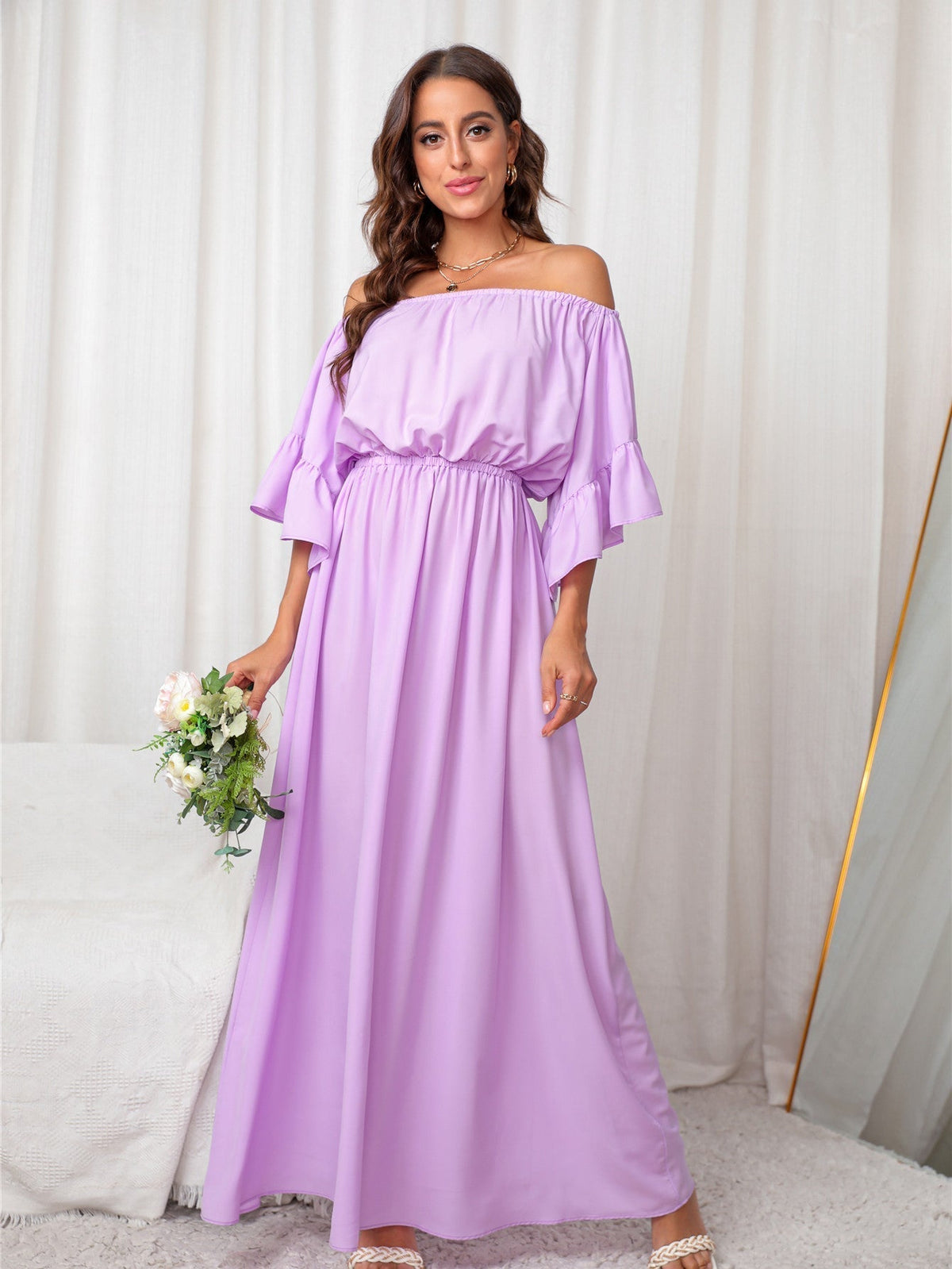 KittenAlarm - Off Shoulder Short Sleeve Maxi Dress