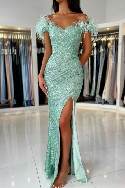 Mermaid Light Green Off The Shoulder Split Front Prom Dress with Sequins - Fashionpara