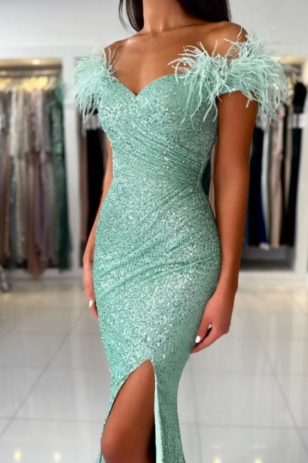 Mermaid Light Green Off The Shoulder Split Front Prom Dress with Sequins - Fashionpara