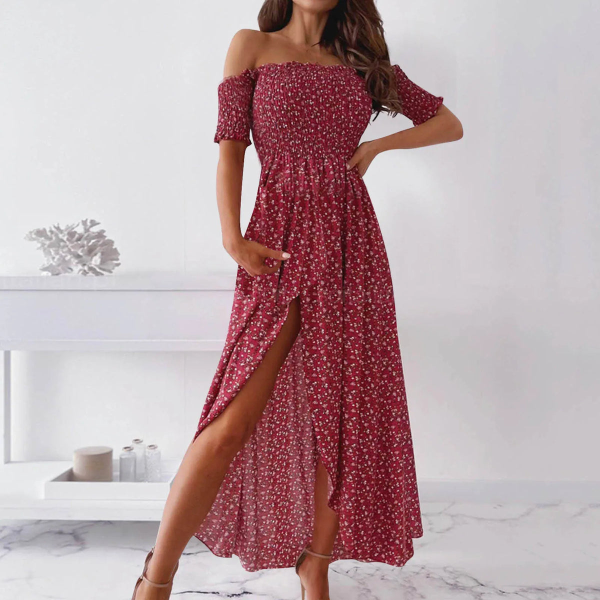 Ditsy Floral Off-Shoulder Smocked High-Slit Maxi Dress 7