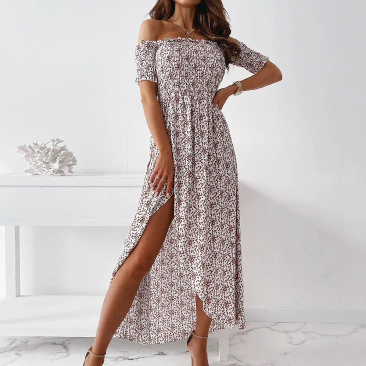 Ditsy Floral Off-Shoulder Smocked High-Slit Maxi Dress 8