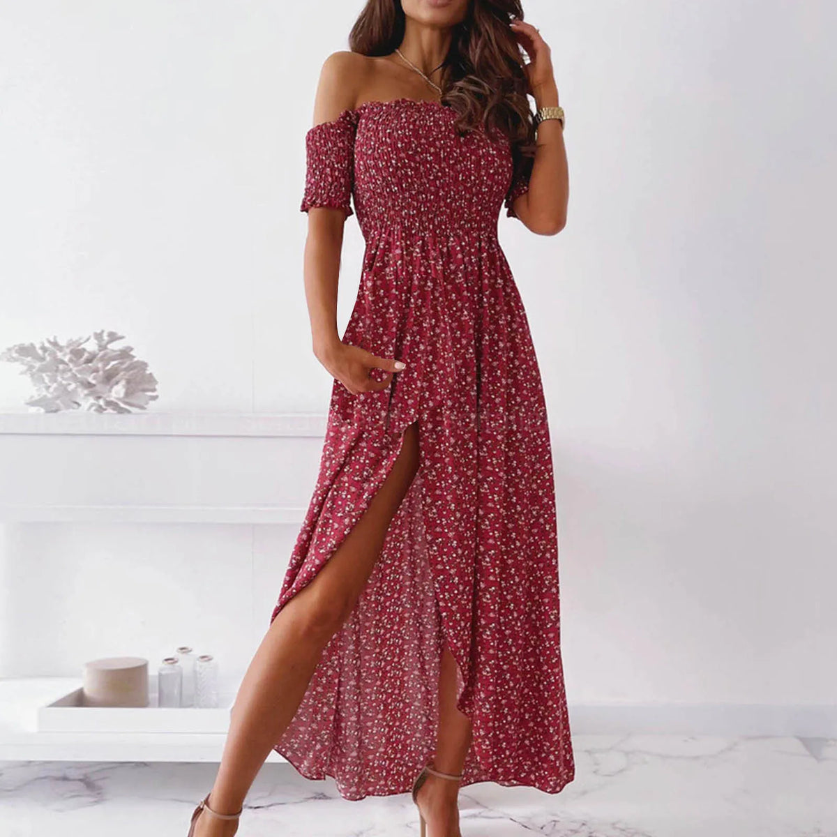 Ditsy Floral Off-Shoulder Smocked High-Slit Maxi Dress 5
