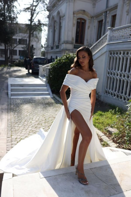 Elegant Mermaid Off The Shoulder Stain Princess Wedding Dress with Split - Fashionpara