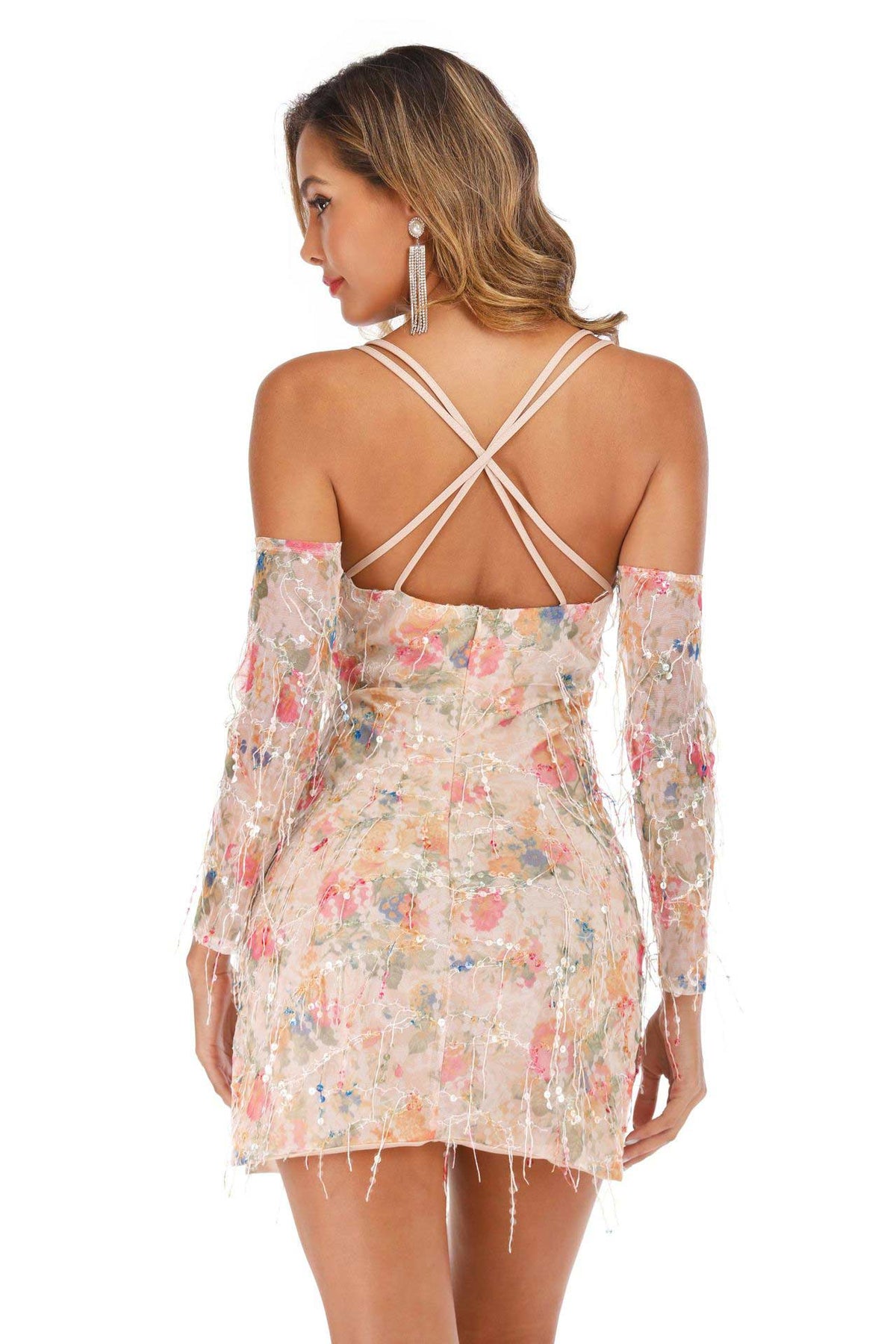Floral Sequin Cold-Shoulder Long Sleeve Bodycon Mini Dress