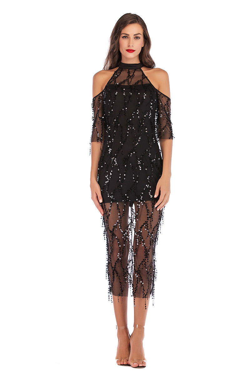 Off-the-shoulder High Neck Sequined Tasseled Sparkly Midi Dress - Mislish