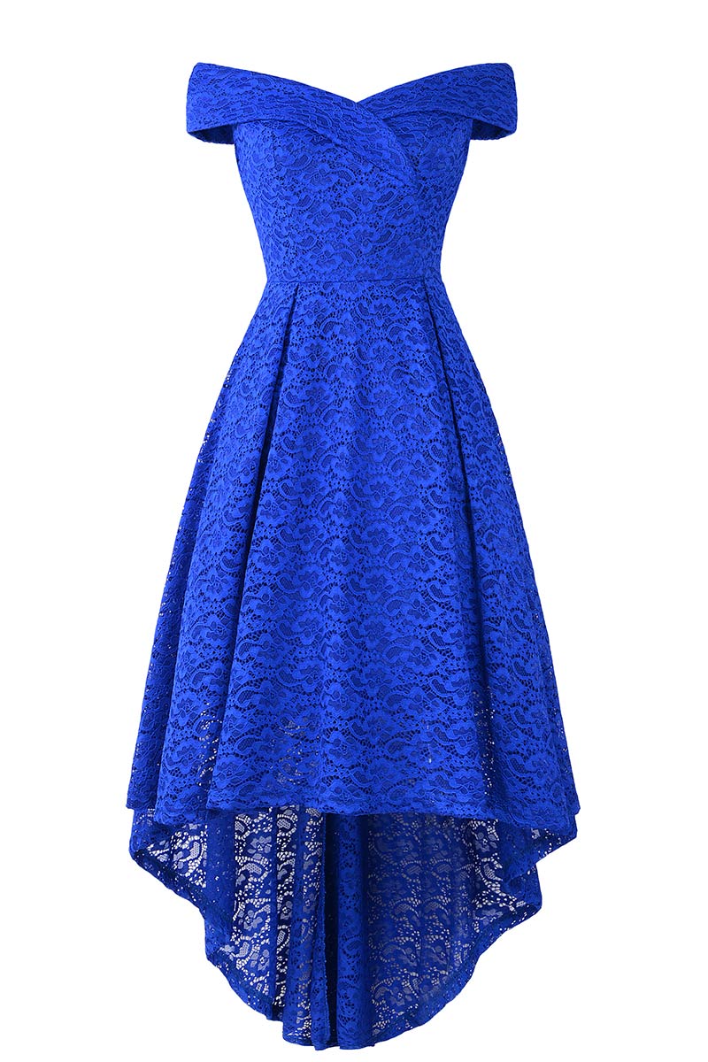 Off-the-shoulder V Neck High Low Lace Prom Dress - Mislish