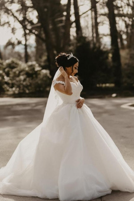Ball Gown Off the shoulder White Garden Wedding Dress - Fashionpara