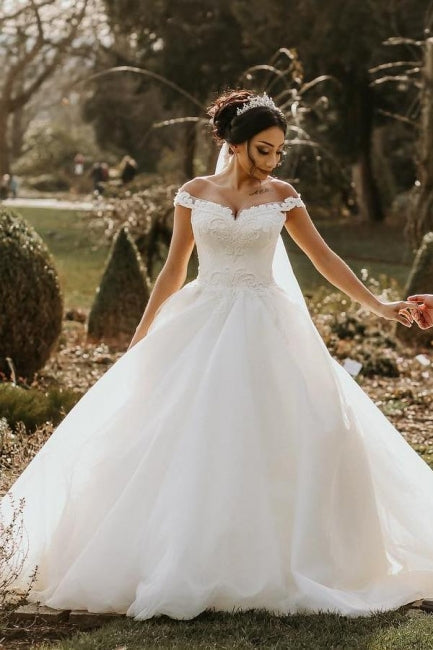 Ball Gown Off the shoulder White Garden Wedding Dress - Fashionpara